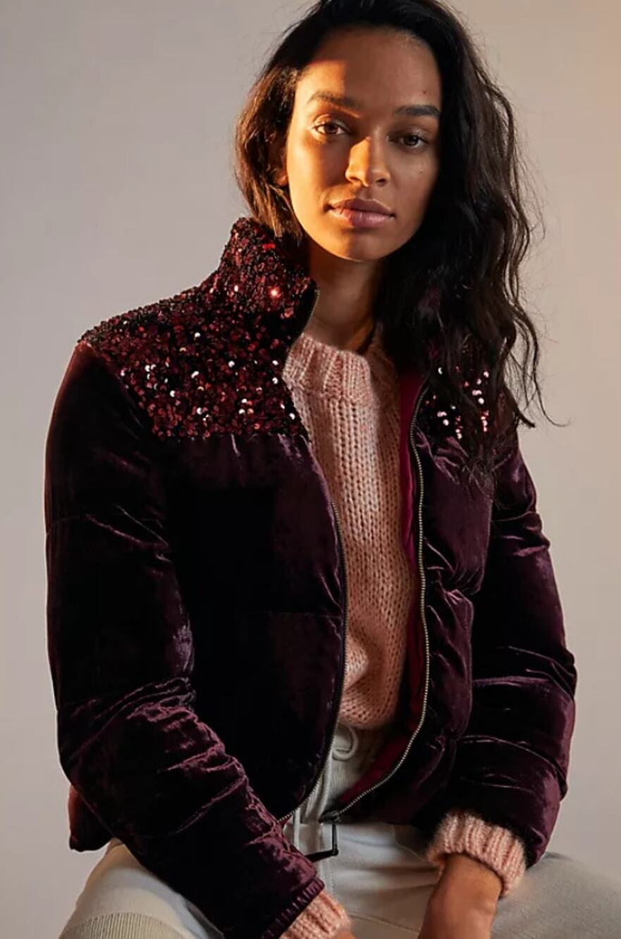 Maeve Anthropologie Womens Vera Puffer Jacket Sequined Velvet Purple Medium NEW